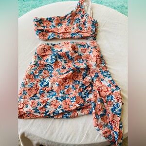 Lulu's Peach Floral One-Shoulder Dress with Blue Accents